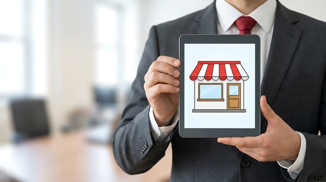 Businessman holding tablet with shop suit red awning