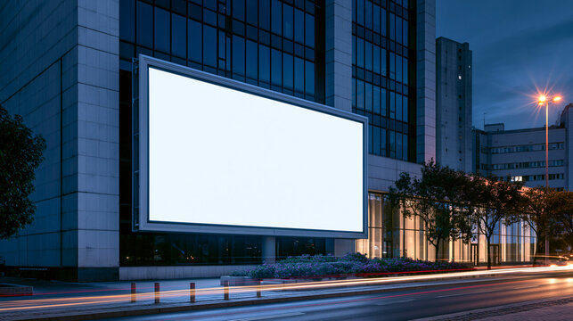 Large illuminated blank billboard mounted beside a modern office building on a city street at dusk, with light trails and urban architecture.