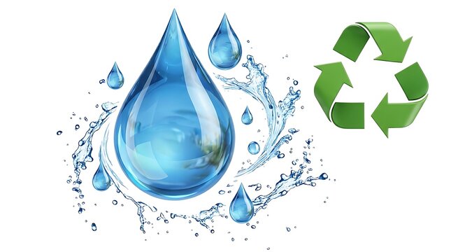 Blue water droplets and green recycling symbol liquid