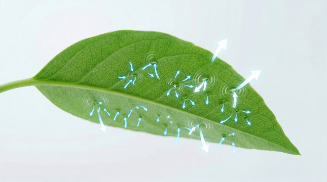 Functions of plant parts showing leaf respiration. Botanical diagram of gas exchange process.