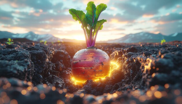 Plant root absorbing nutrients from soil at sunrise. Underground energy storage organ in natural ecosystem growth process