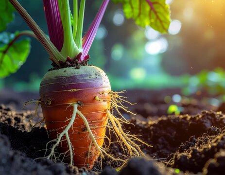 Root storage tank of a beet plant. Vegetable taproot functions in fertile garden soil.