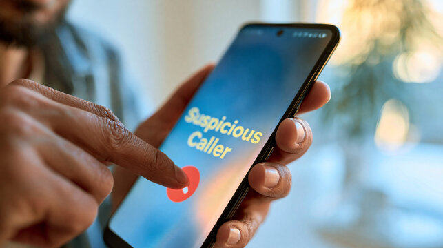 Close-up of a man rejecting a suspicious smartphone call by pressing the red decline button, illustrating scam prevention and mobile security.