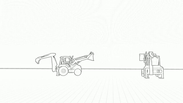 A clean 3D line-art animation presenting a backhoe loader heavy equipment vehicle.