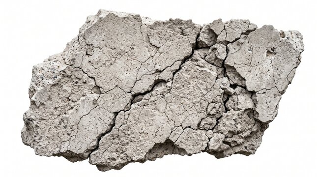 A single piece of broken grey concrete rubble with deep cracks and rough texture on a flat surface