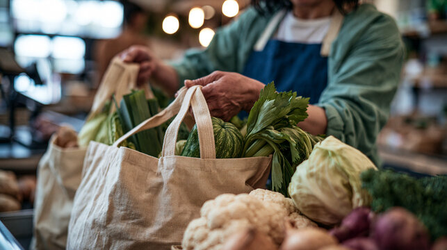 A shopper carrying reusable fabric bags filled with fresh vegetables and leafy greens inside a grocery store or market.