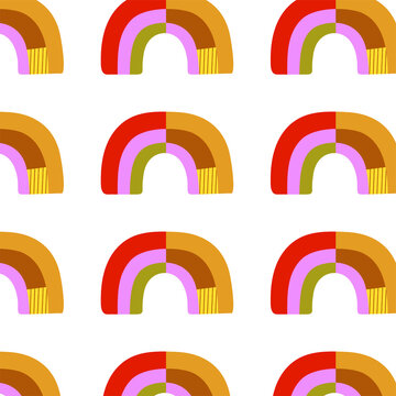 Abstract rainbow shape with segmented colorful bands and graphic patterns during a bright studio lighting against white background