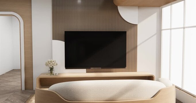 Japanese Living room, cabinet minimalist design on living room muji style.3D rendering