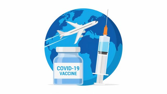 Global air travel and vaccination concept with airplane flying over vaccine vial and syringe against world map, health care