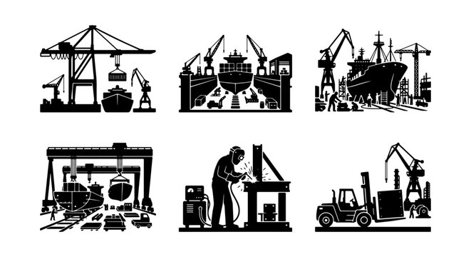Shipyard Icons Set: Maritime Industry, Construction, and Logistics Vector Graphics