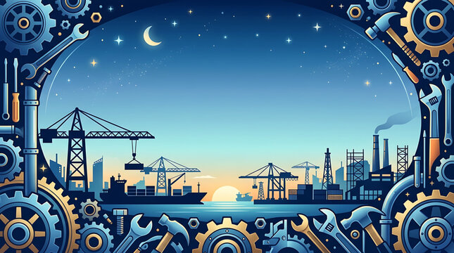 Industrial background with gear frame, mechanical tools, cranes and cargo ship at seaport during sunrise