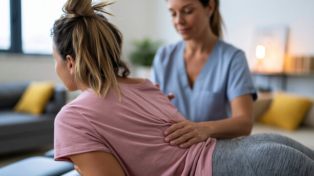 Woman lying on her stomach with her upper body slightly raised during a gentle physical therapy stretch, while a female therapist supports her lower back.