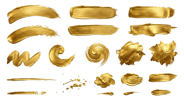 Set of shiny gold paint brush strokes and texture elements