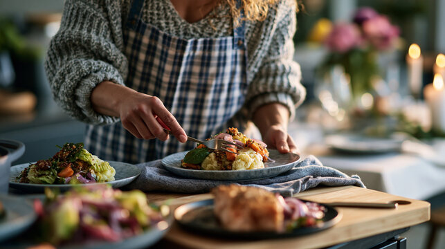 A person wearing an apron arranging a fresh meal on a plate at a kitchen counter with vegetables, salad and cooked food nearby