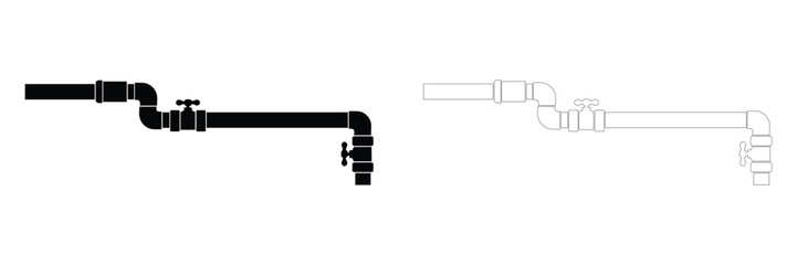 Pipeline connection vector icon set featuring plumbing pipes, trap, and control valves in black silhouette and line art styles for industrial water supply and gas system design © NuovaPixel