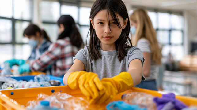 Schoolchild wearing yellow gloves sorting plastic waste into recycling bins during an environmental education activity, with other children working in the background.