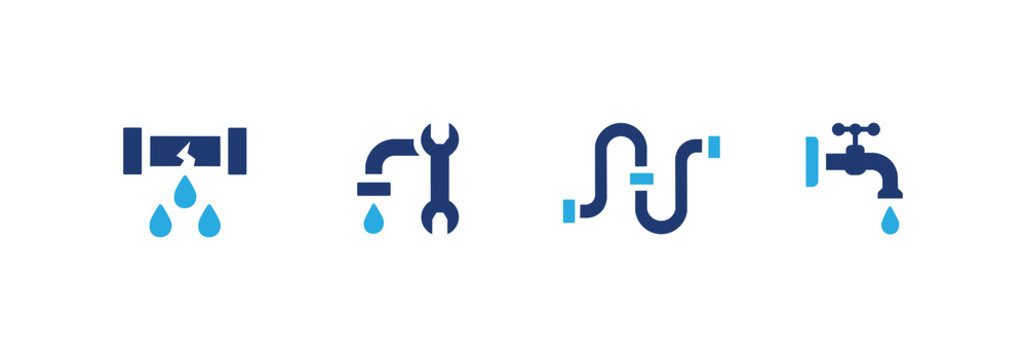 Pipe icon set. Contains plumbing, leak, pipe, and faucet icons. Solid icon illustration pack.