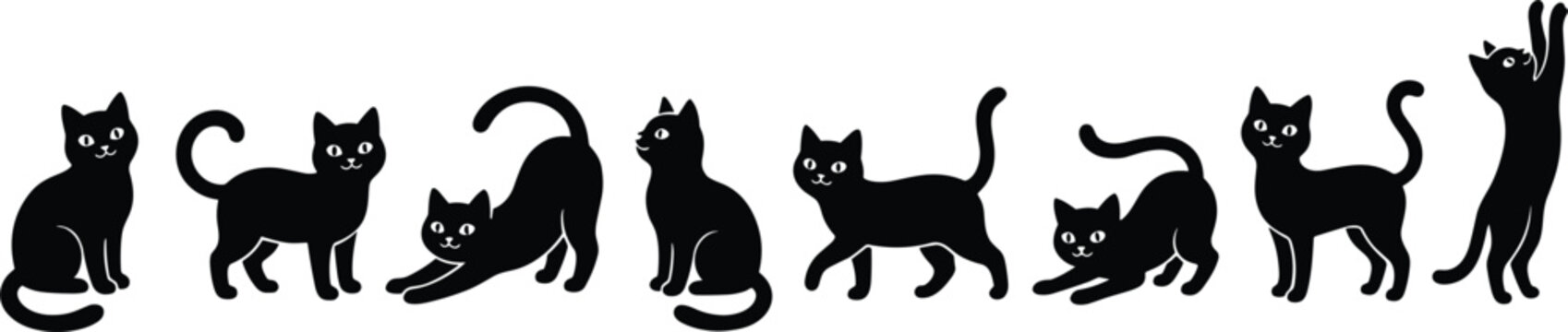 Black Cat Silhouette Collection Various Poses Sitting Stretching Walking Reaching Vector Illustration Set for Pet Animal Designs