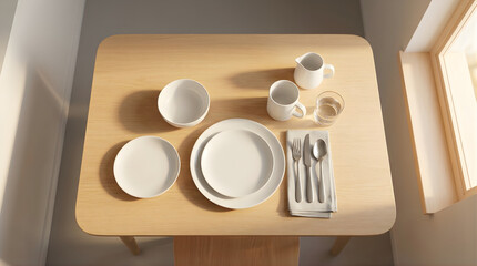 Obraz premium Overhead view of a clean dining table set for one person with white plates cups and silverware bathed in soft natural light from a window