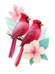 Obraz premium Vibrant Pink Cardinal Birds with Tropical Hibiscus Flowers