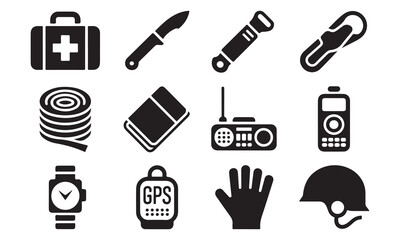 Fototapeta premium Set of black silhouette representing survival and outdoor gear, including a medical kit, knife, flashlight, carabiner, rope, radio, watch, gps device, glove, and helmet
