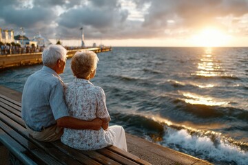 Fototapeta premium Elderly Couple Enjoying Sunset on Bench by Sea