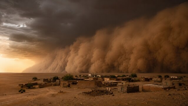 Massive desert dust storm engulfing remote village beneath dark thunderclouds in dramatic arid landscape at sunset