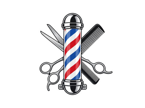 Barber shop pole with scissors and comb. Hair salon equipment isolated on white background.