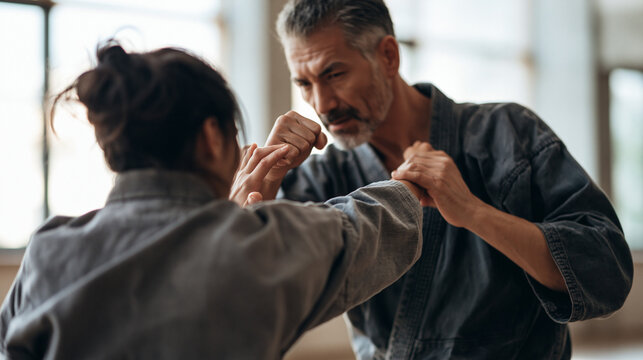 Man and woman practicing defensive hand movements during close-contact martial arts training in a bright indoor studio.
