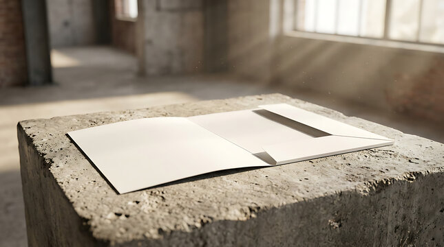 Blank Presentation Folder on Textured Concrete Surface with Natural Light Streaks in Industrial Setting