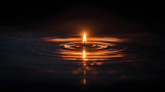 Glowing candle flame reflected on rippling dark water, warm golden light and concentric ripples creating calm and introspective mood