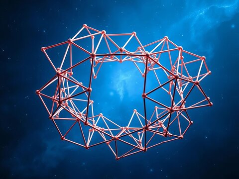 Interconnected tetrahedral structures unfolding in celestial blue background, stars, mystic