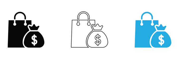 Shopping bag with shopping cart vector icon set featuring e-commerce purchase and store checkout symbols in black silhouette, line art, and blue flat designs © NuovaPixel