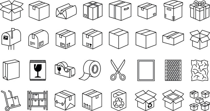 Isometric Cardboard Box Delivery and Logistics Line Art Vector Icon SetIsometric Cardboard Box Delivery and Logistics Line Art Vector Icon Set