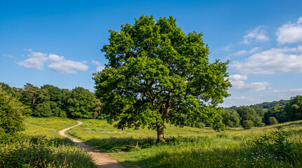 Fototapeta premium Árbol de frondoso follaje verde en un parque natural bajo un cielo azul despejado. Paisaje tranquilo con vegetación, luz natural y ambiente ideal para el descanso.