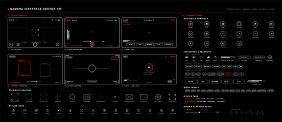 Fototapeta premium Graphic HUD, UI set featuring photo, video, cinema, portrait, action, framing guides, controls, and status tags. Camera viewfinder interface vector UI kit. Camera viewfinder interface. Vector set