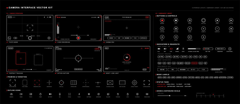 Graphic HUD, UI set featuring photo, video, cinema, portrait, action, framing guides, controls, and status tags. Camera viewfinder interface vector UI kit. Camera viewfinder interface. Vector set