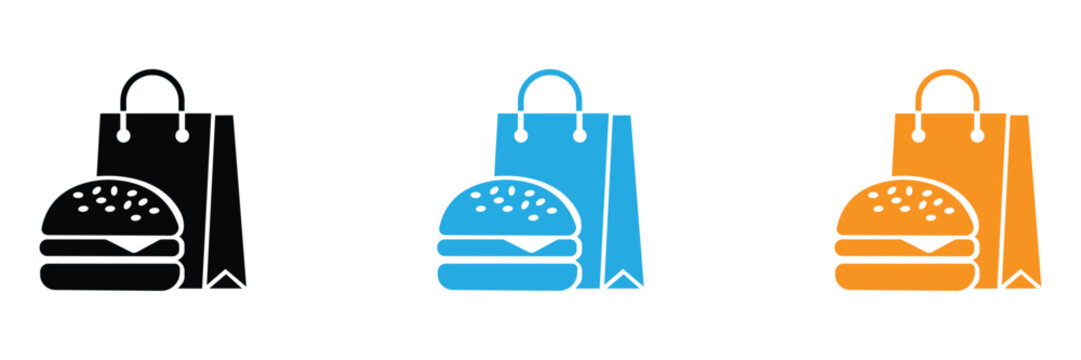 Paper shopping bag with burger vector icon set featuring fast food takeaway and delivery meal symbols in black silhouette, blue, and orange flat designs for restaurant app