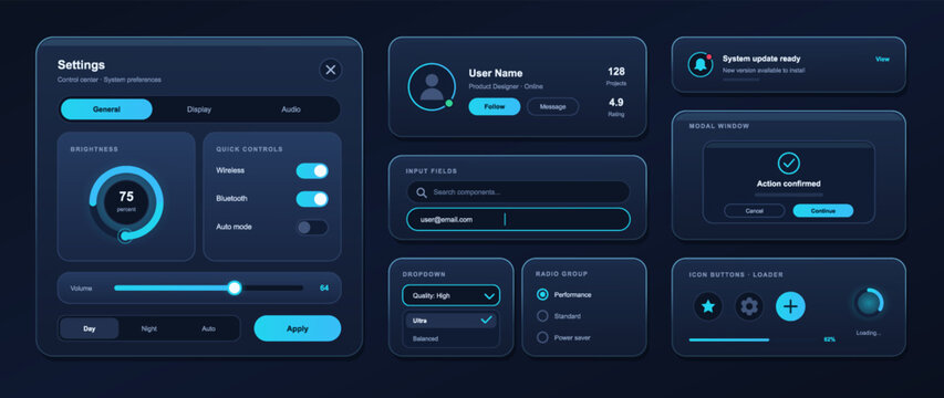 Futuristic neon blue dashboard widgets and dark mode UI kit set. User interface elements featuring a settings panel, input fields, control sliders, and modal windows. Vector UI, UX elements template