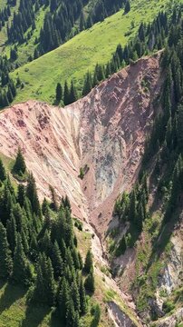 Aerial view of the Krasny Yar clay canyon tourist attraction in the mountains near Almaty