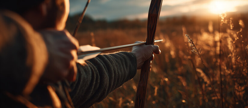 young archer aiming during sunset