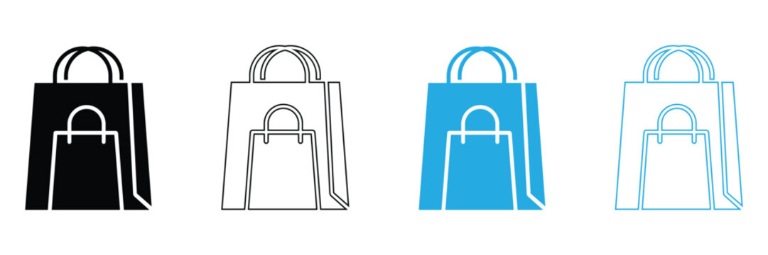 Shopping bags vector icon set featuring big and small paper bag symbols in black silhouette, black line art, blue flat, and blue outline styles for e-commerce and retail