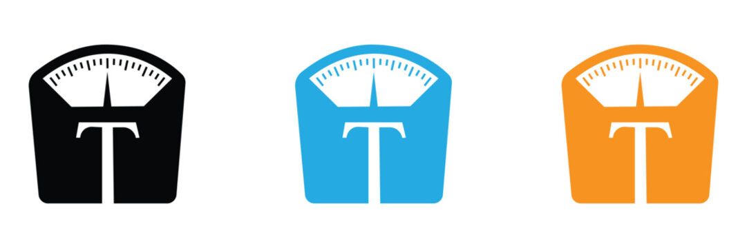 Weight scale letter T logotype vector set featuring body mass measurement symbols in black silhouette, blue, and orange flat styles for wellness and diet app branding