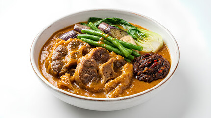 Fototapeta premium Delicious Beef Stew with Vegetables and Rich Broth in a White Bowl.