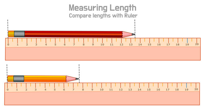 Measuring the length of a long and short. Comparing quantities. Distance, pen displacement locations. Transparent ruler, yellow, red color pencil. Math Vector illustration