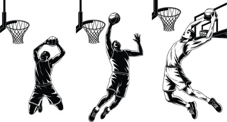 Basketball, player, slam, dunk, set, vintage, hoop, vector, silhouette, collection, black, athlete, mascot, illustration, sports, graphic, active, jump, game, design © ferdousi