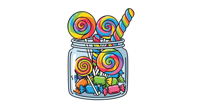 Colorful swirl lollipops and wrapped candies in a glass jar