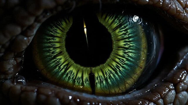 A detailed view of a snake or lizard's eye, showcasing its iris, pupil, and the surrounding scales.