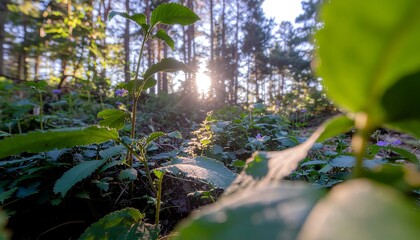 Fototapeta premium Sunlight filtering through lush green forest foliage at dawn