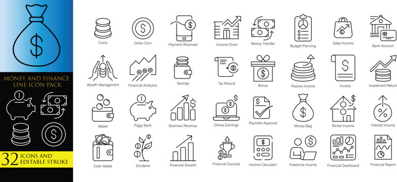 Money and finance line icon pack vector set for income savings and financial growth with editable stroke including coins wallet piggy bank tax refund investment return and financial report objects.